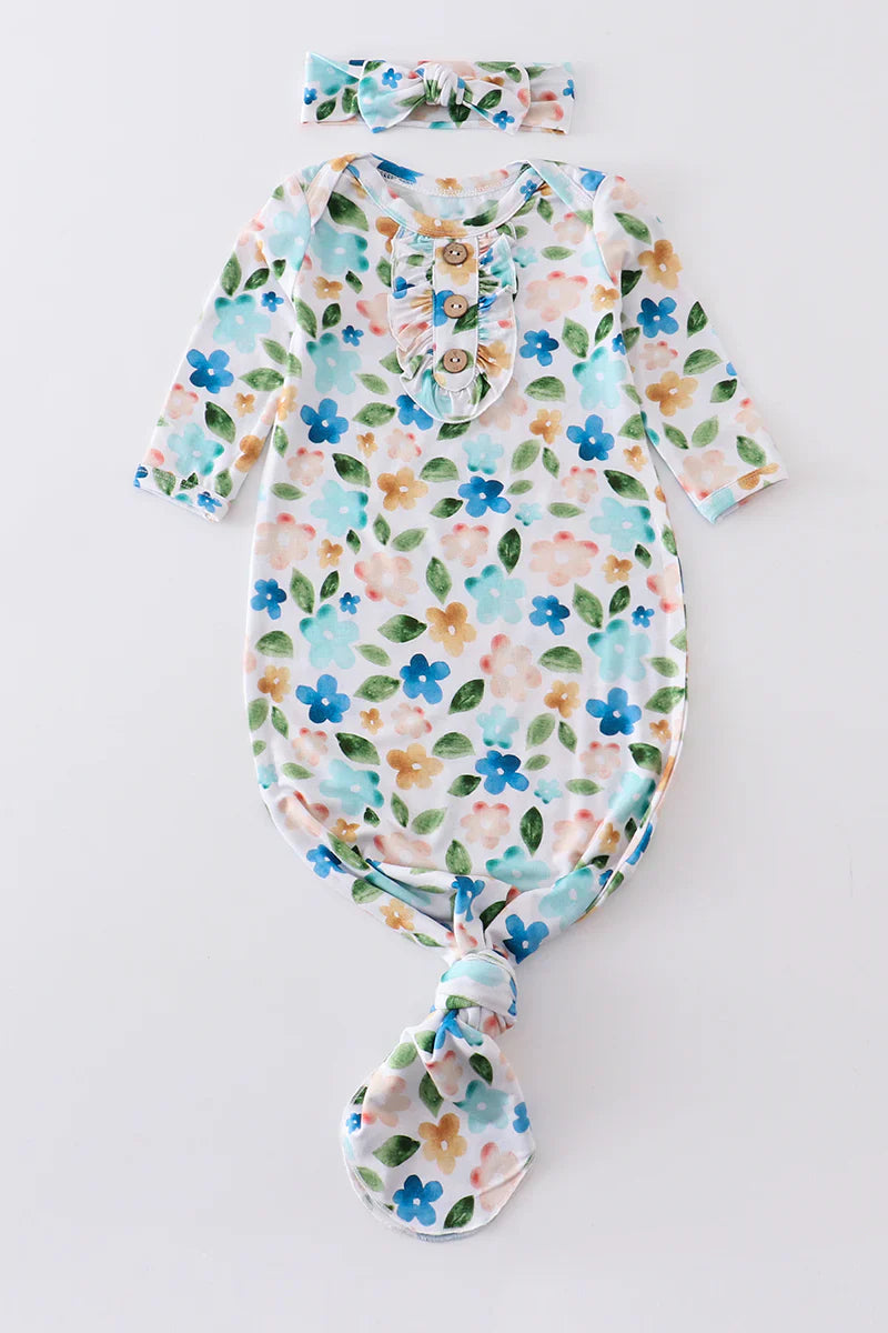 Blue floral print bamboo baby gown Girls