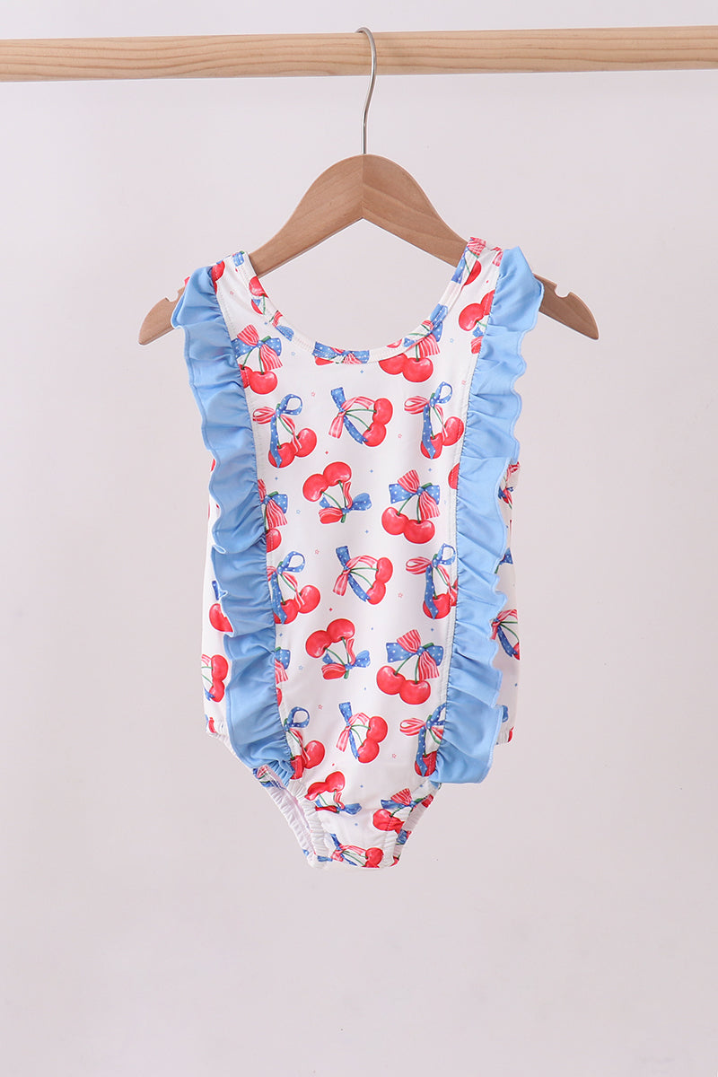 Blue cherry print ruffle swimsuit Girls