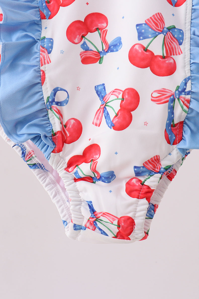 Blue cherry print ruffle swimsuit Girls