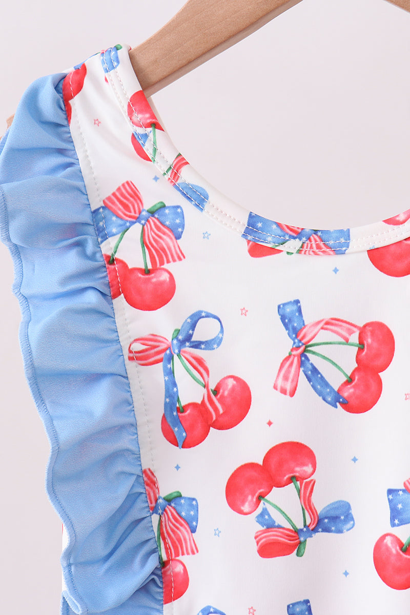 Blue cherry print ruffle swimsuit Girls