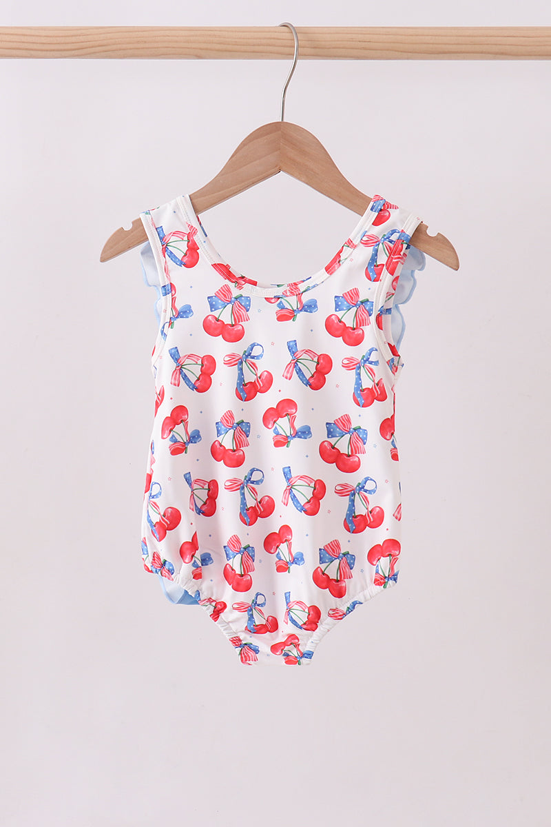 Blue cherry print ruffle swimsuit Girls