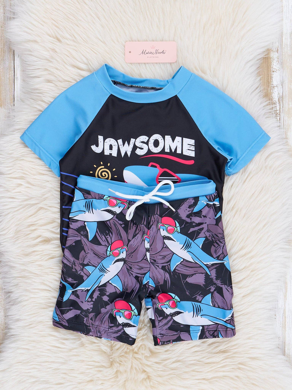 "Jaw-some" Raglan Rash Guard Swimsuit Boys