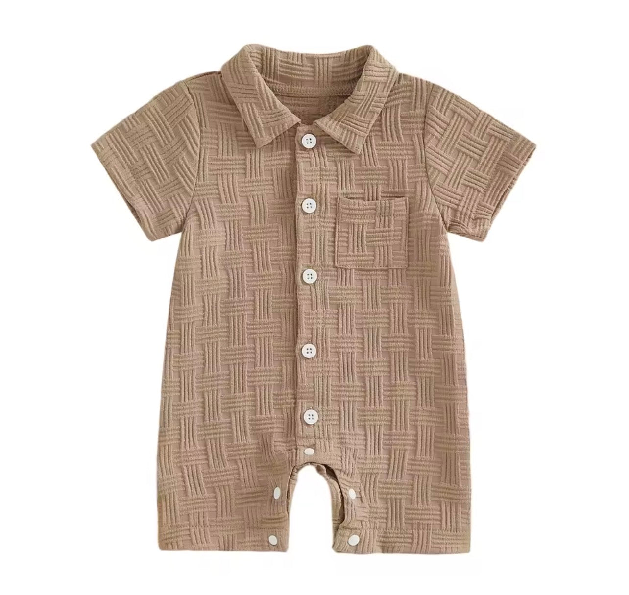 Brown Collared Woven Textured Romper - Boys