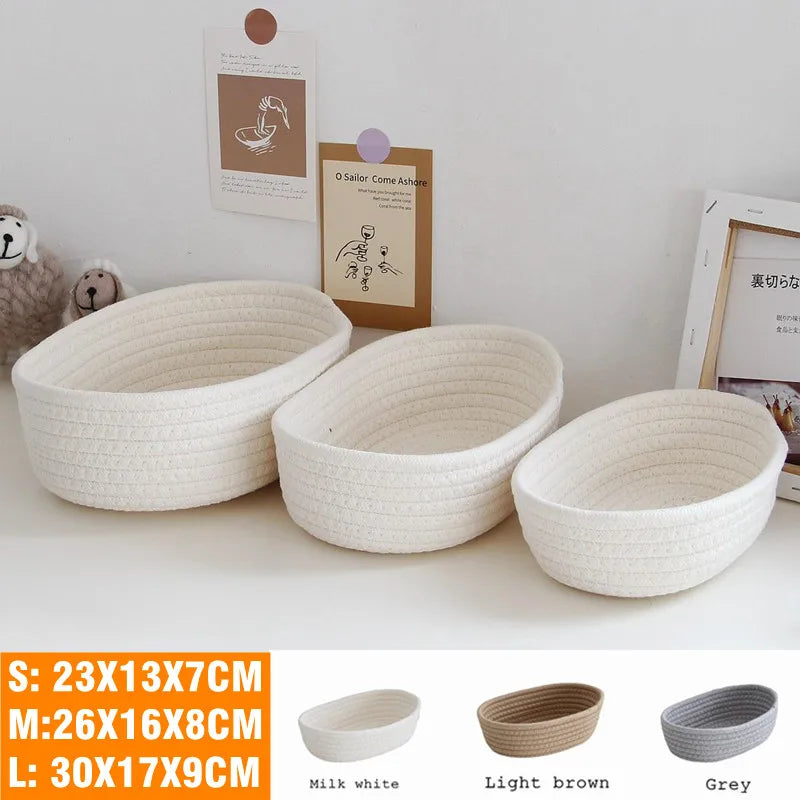 Nordic Cotton Rope Woven Storage Baskets - Small/Medium/Large Desktop Organizer for Cosmetics, Keys & Sundries