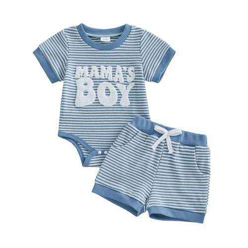 Baby Boy Striped Embroidered MAMA Romper And Shorts Two-Piece Set